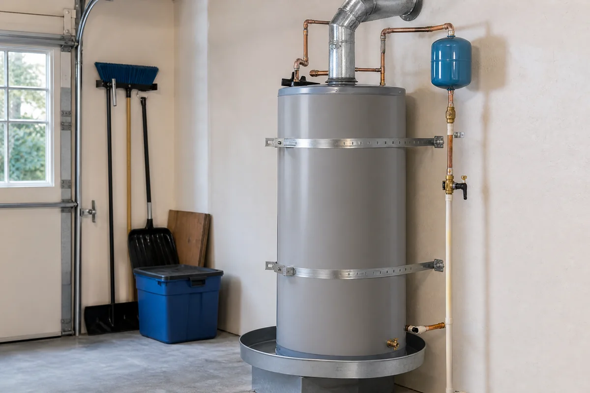 New water heater with earthquake straps, drain pan, expansion tank, vent, and tidy connections