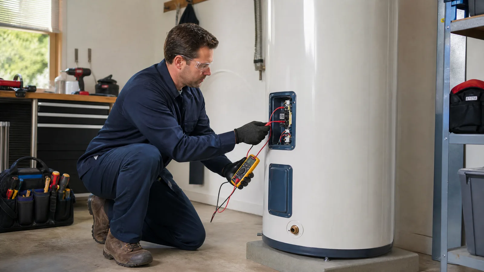 Technician diagnosing an electric tank water heater with a multimeter