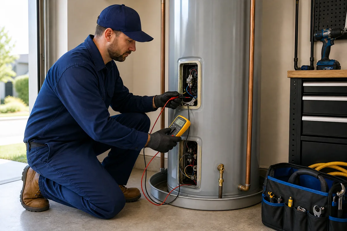 Water heater technician testing electric heating elements during emergency diagnosis