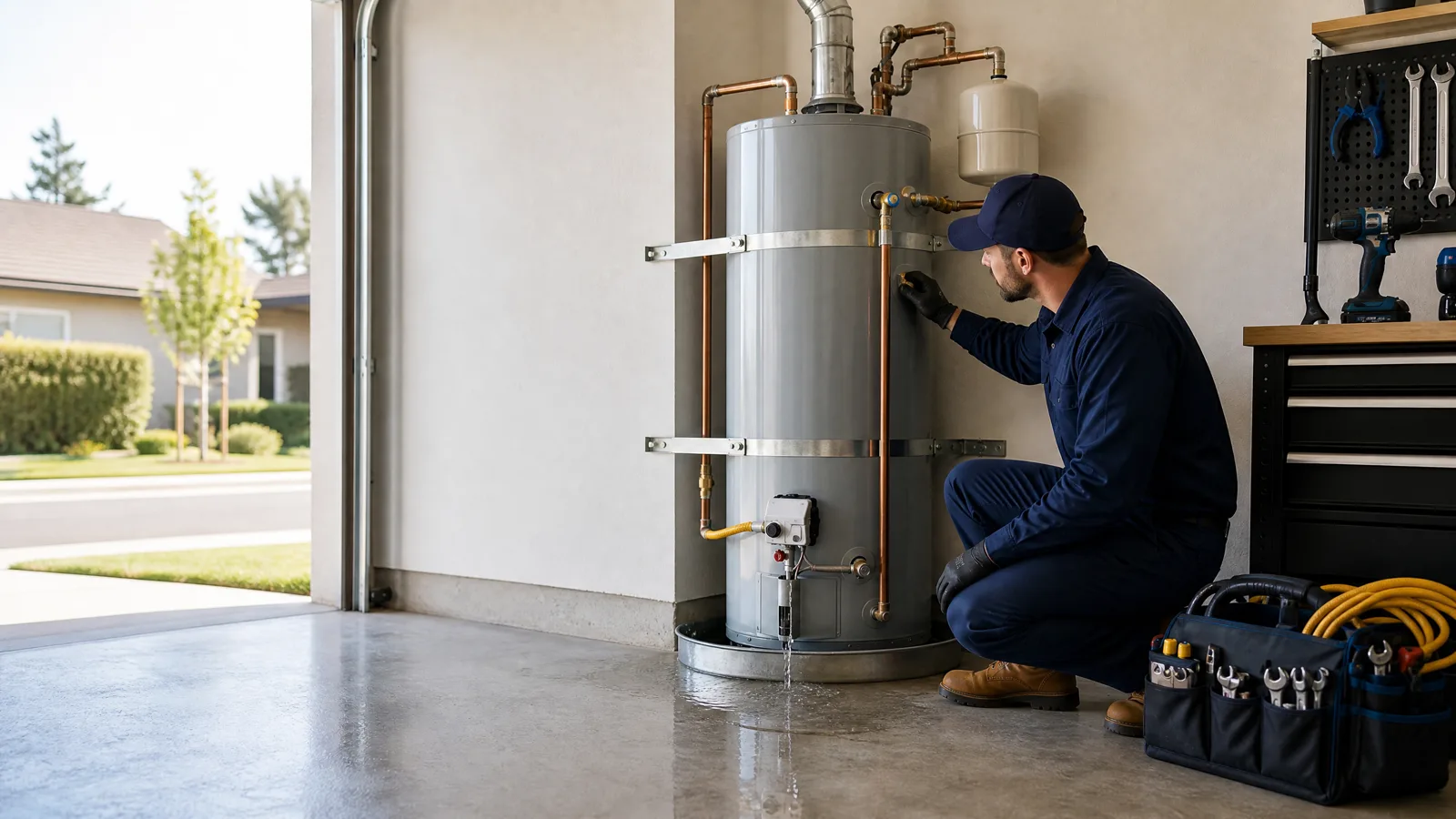 Water heater technician providing same-day emergency repair in a Northern California garage