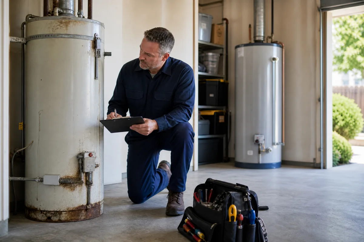 Technician comparing repair and replacement options for a corroded water heater