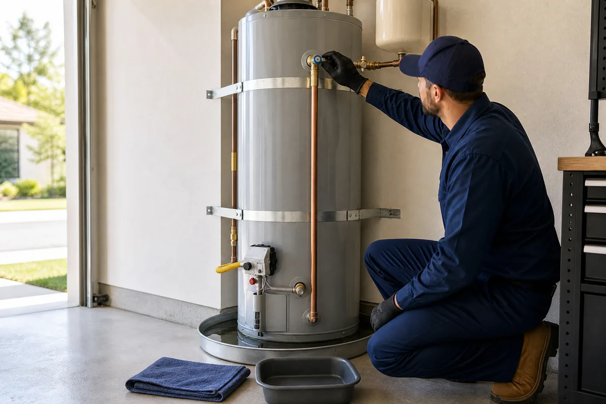 Technician shutting off water supply to a leaking tank water heater before repair