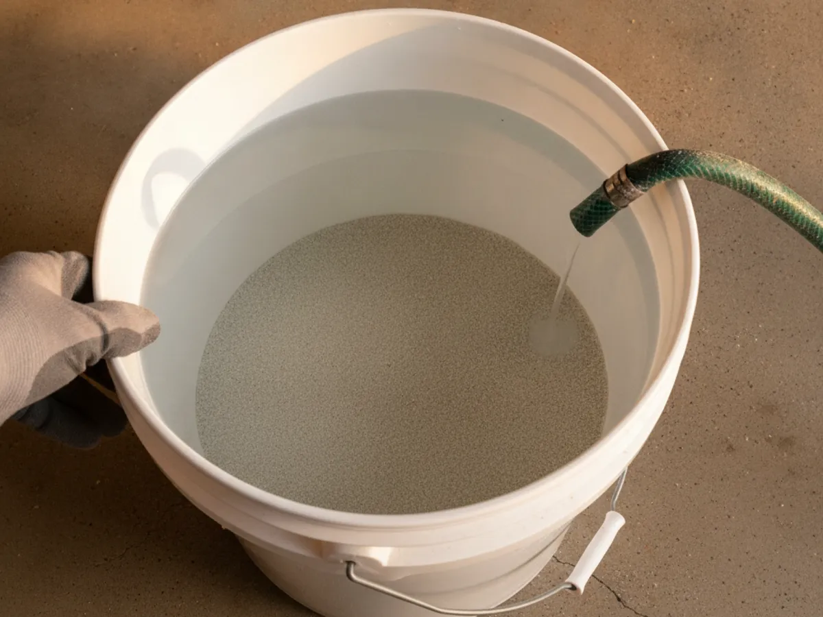 Pale mineral sediment drained from the bottom of a tank water heater into a bucket
