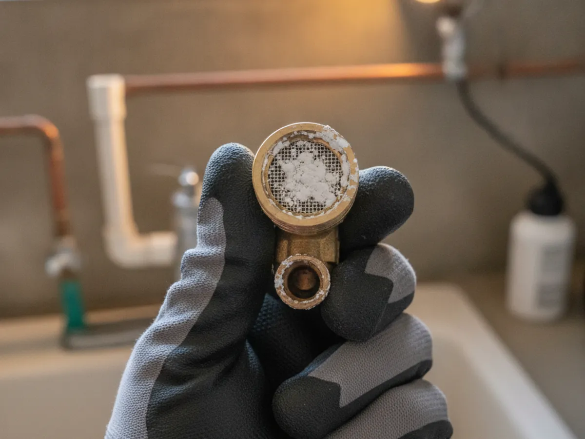 White hard water scale built up on a fixture aerator in the Sacramento Valley