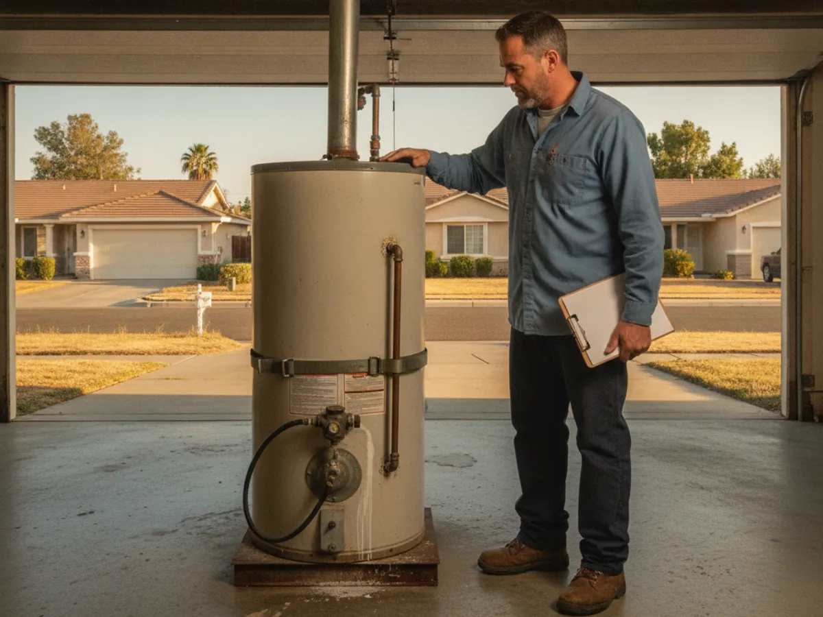 Technician inspecting an aging tank water heater to decide between maintenance and replacement