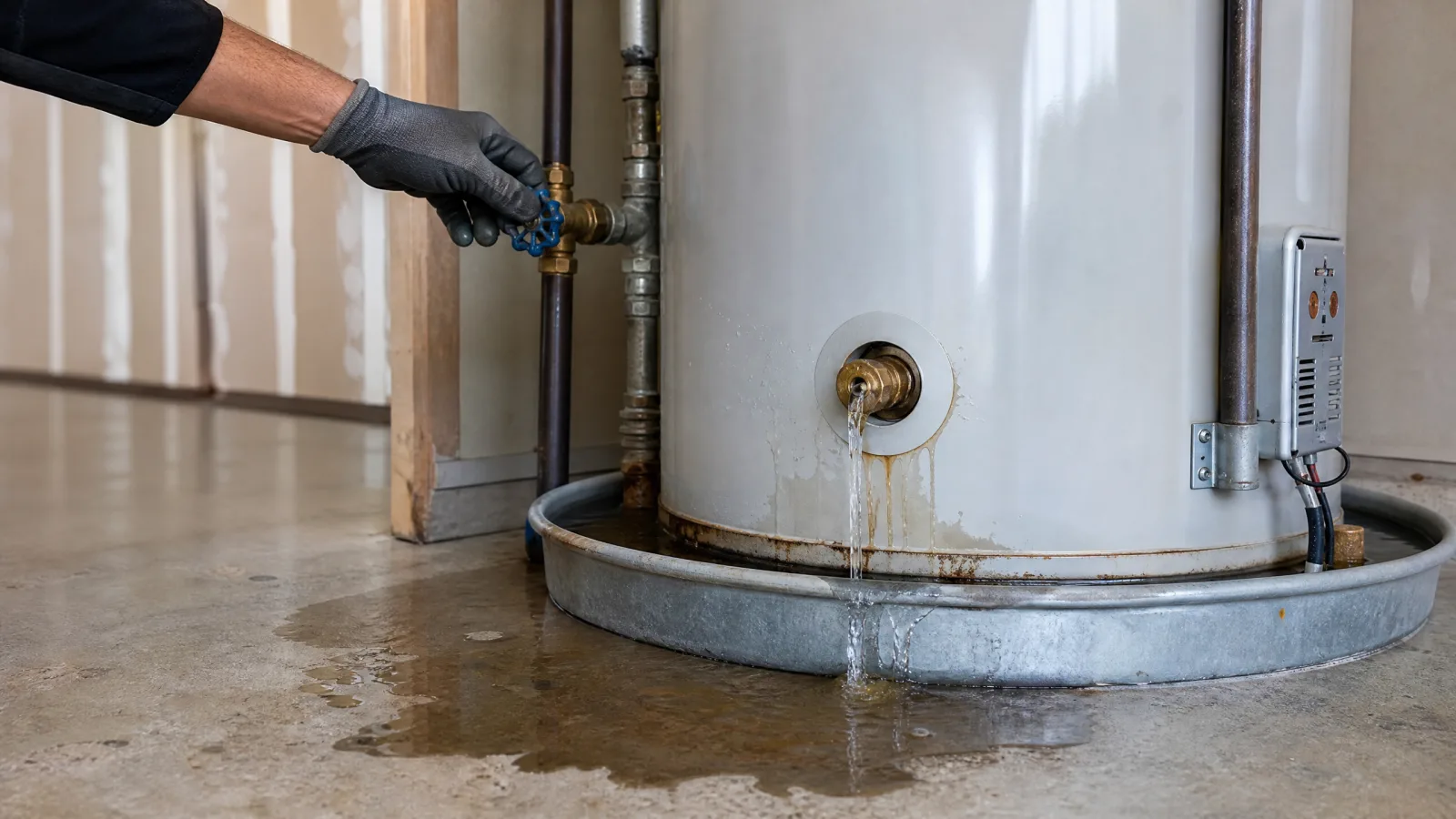 Leaking tank water heater as a technician closes the water shutoff valve