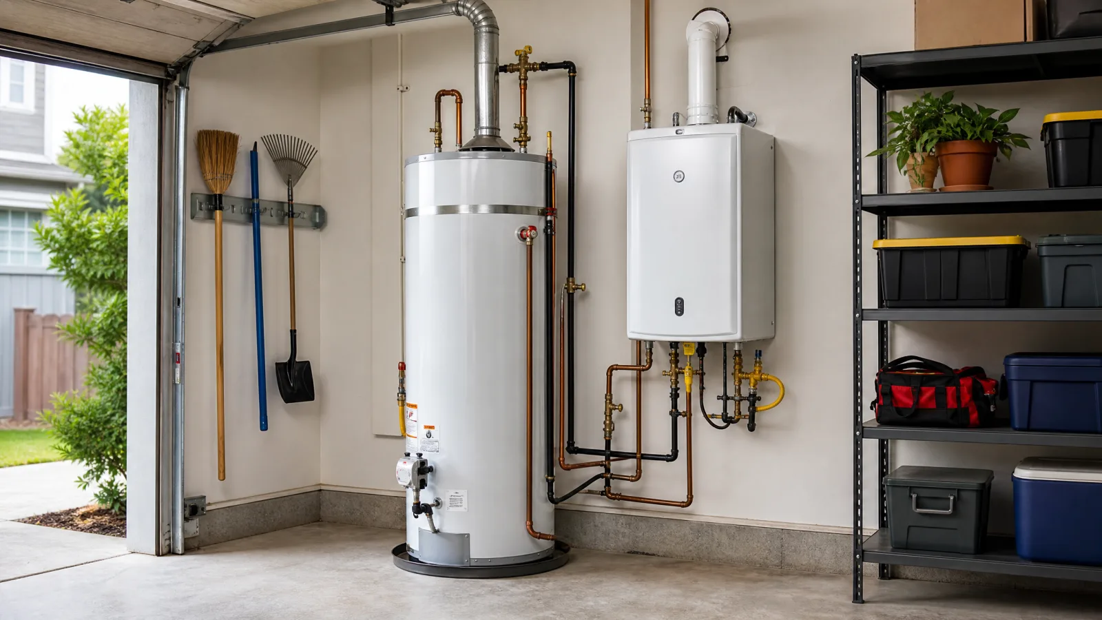 Traditional tank and wall-mounted tankless water heaters installed side by side