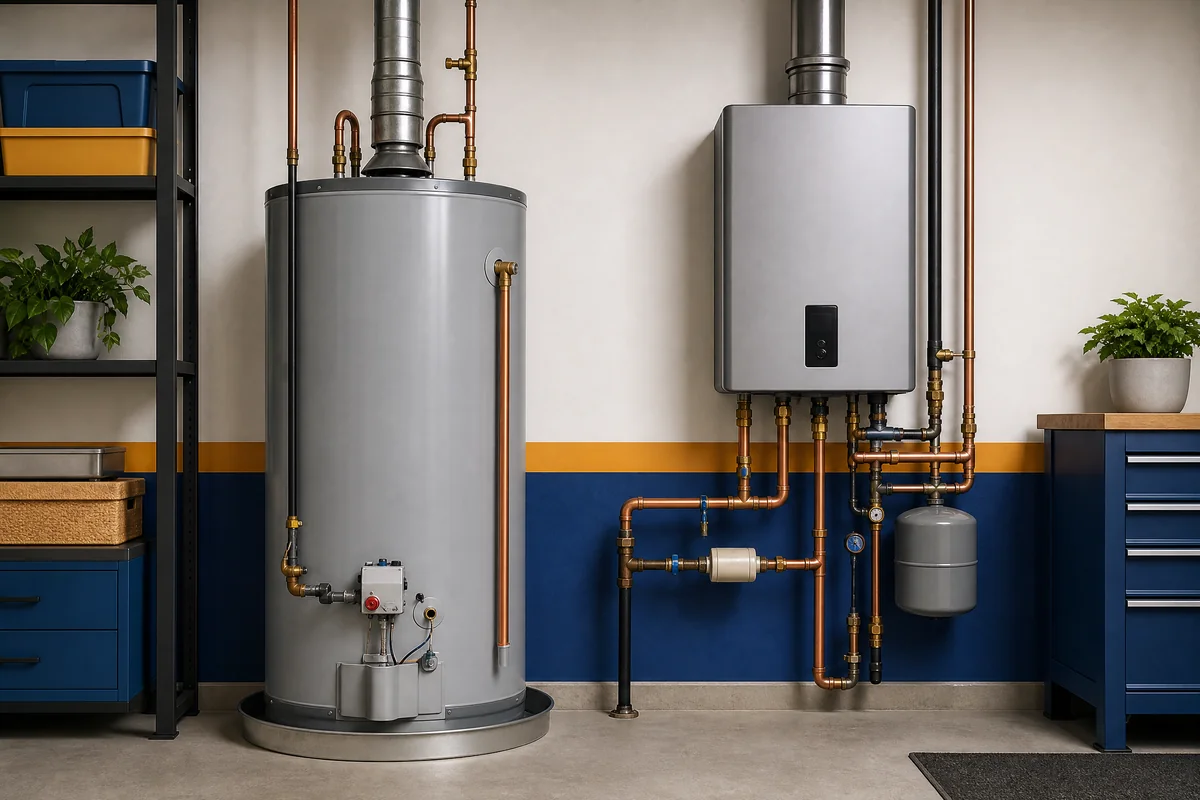 Standard tank and wall-mounted tankless water heaters shown side by side