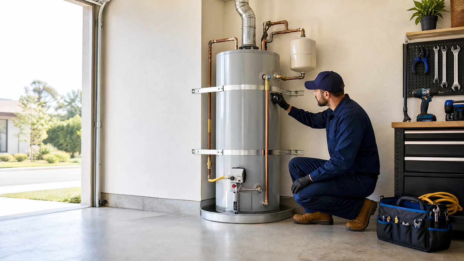 Technician inspecting a newly installed water heater in a Northern California garage