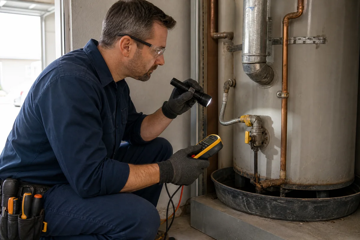 Technician assessing an older water heater, vent, gas connection, and installation access