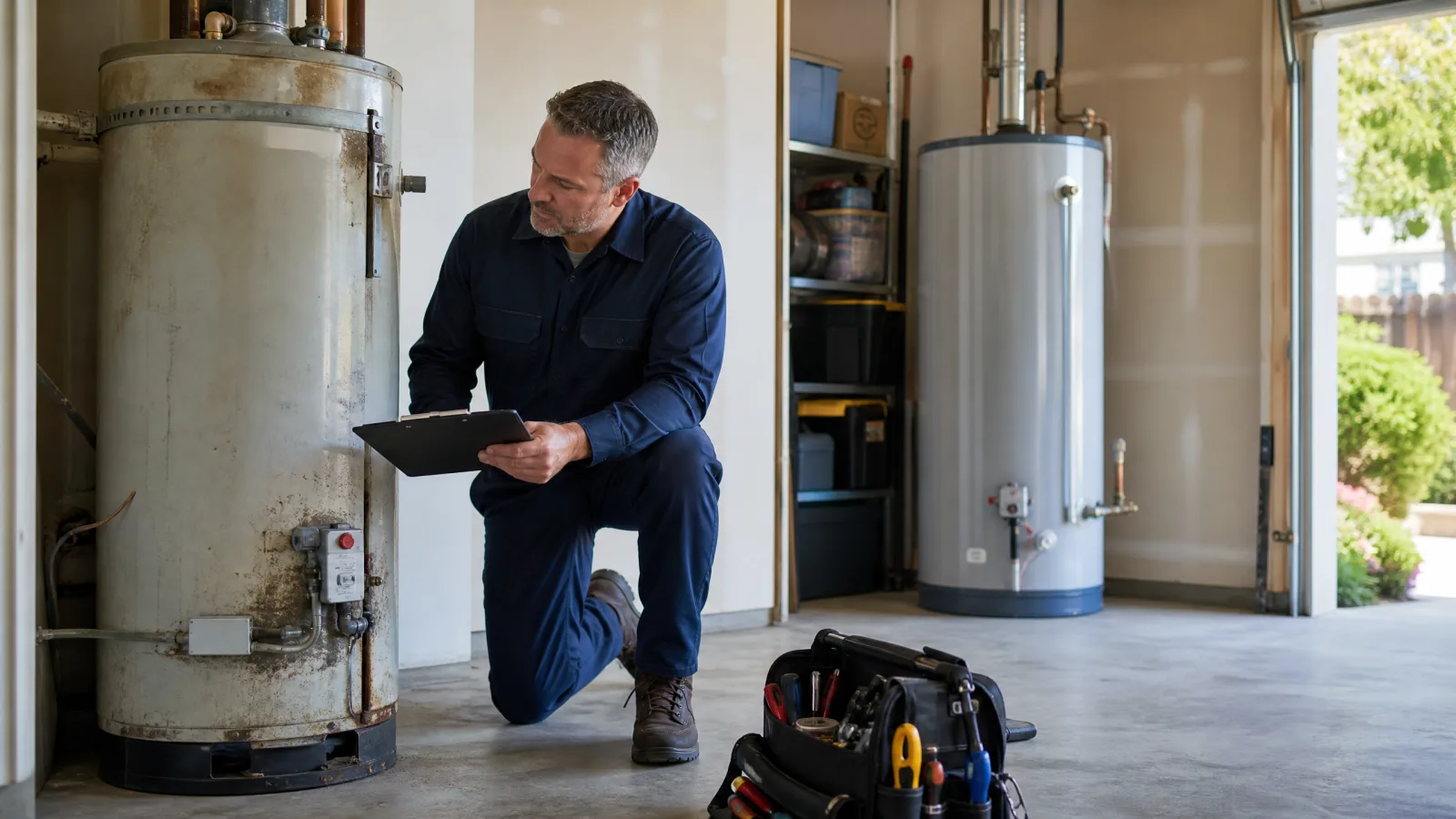 Technician inspecting an older water heater with a replacement unit nearby