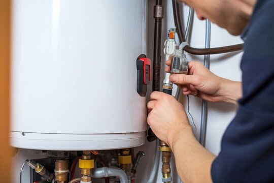 Close-up of water heater connections and fittings being serviced