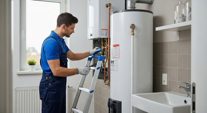 Water Heater Specialists technician installing a residential water heater